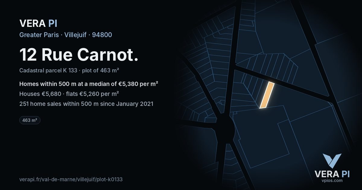 12 Rue Carnot, Villejuif at night – the plot lit, the parcels around coloured by the prices near them