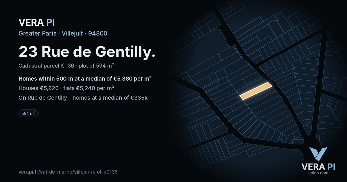 23 Rue de Gentilly, Villejuif at night – the plot lit, the parcels around coloured by the prices near them