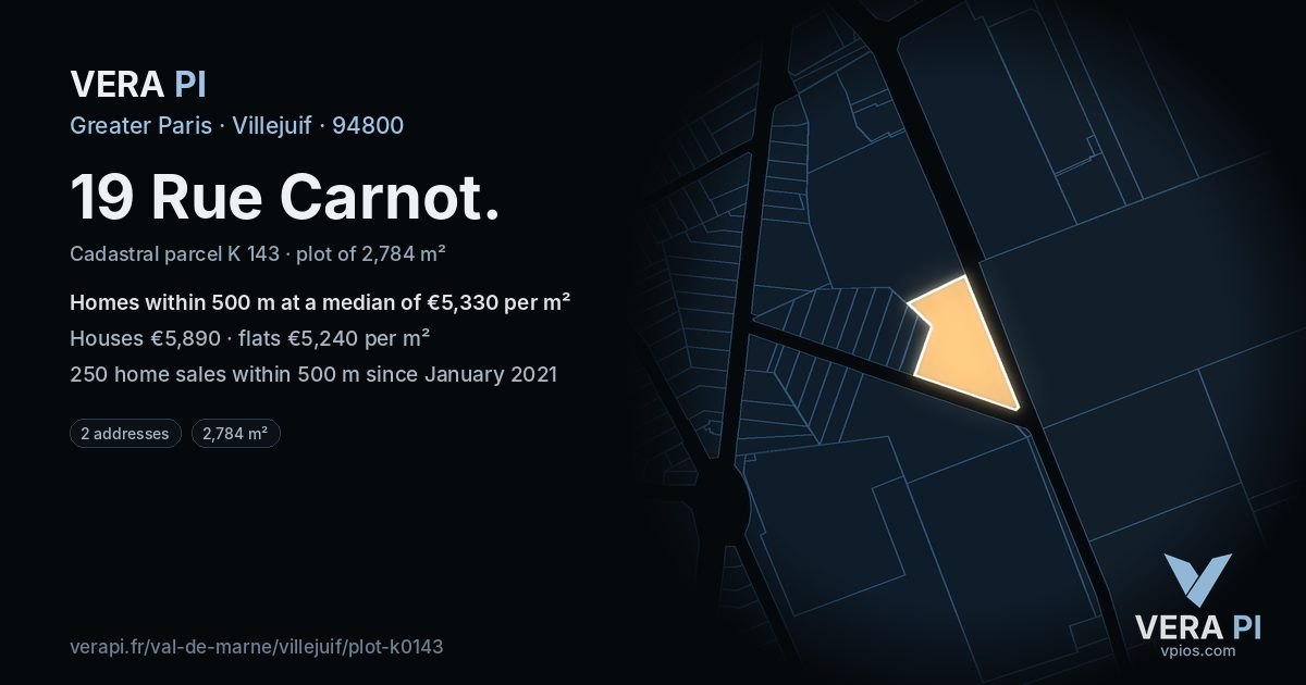 19 Rue Carnot, Villejuif at night – the plot lit, the parcels around coloured by the prices near them