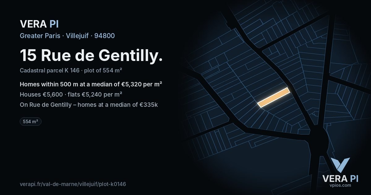 15 Rue de Gentilly, Villejuif at night – the plot lit, the parcels around coloured by the prices near them