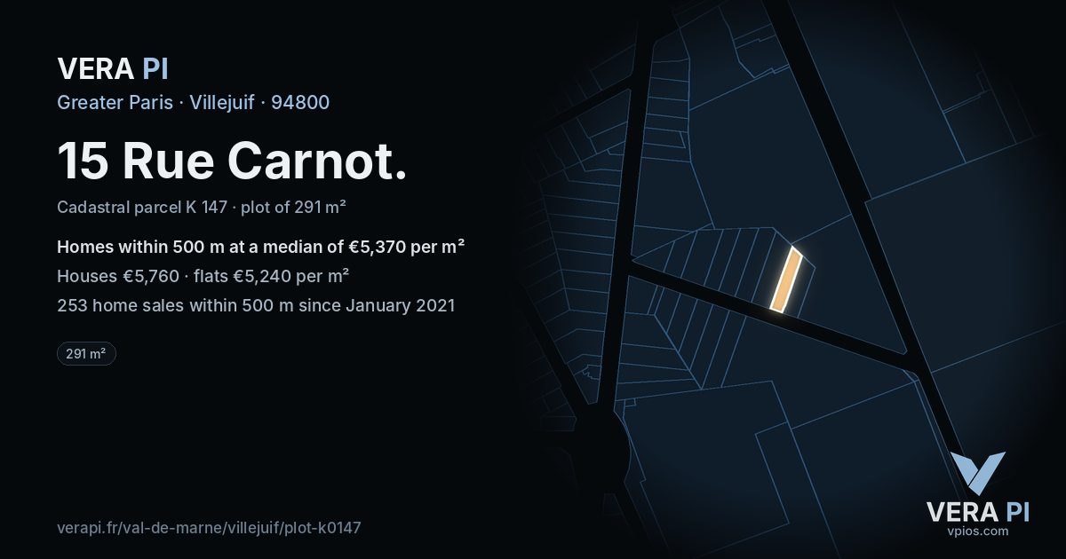 15 Rue Carnot, Villejuif at night – the plot lit, the parcels around coloured by the prices near them
