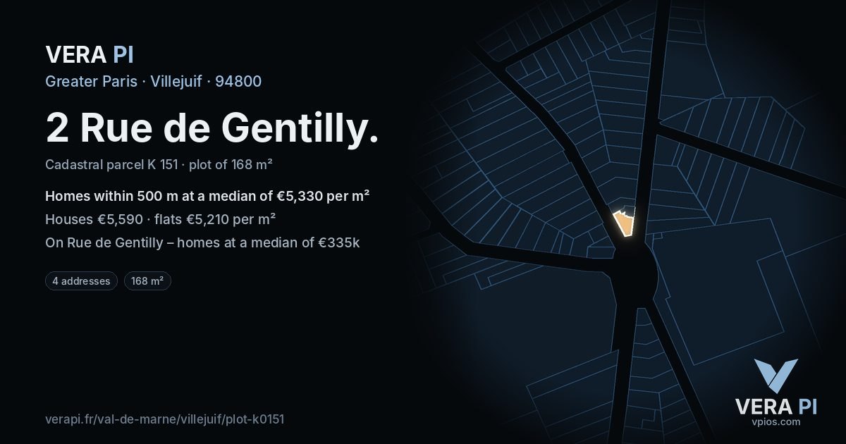 2 Rue de Gentilly, Villejuif at night – the plot lit, the parcels around coloured by the prices near them