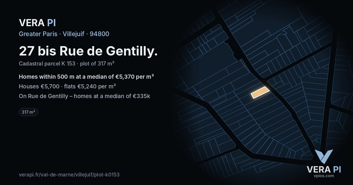 27 bis Rue de Gentilly, Villejuif at night – the plot lit, the parcels around coloured by the prices near them