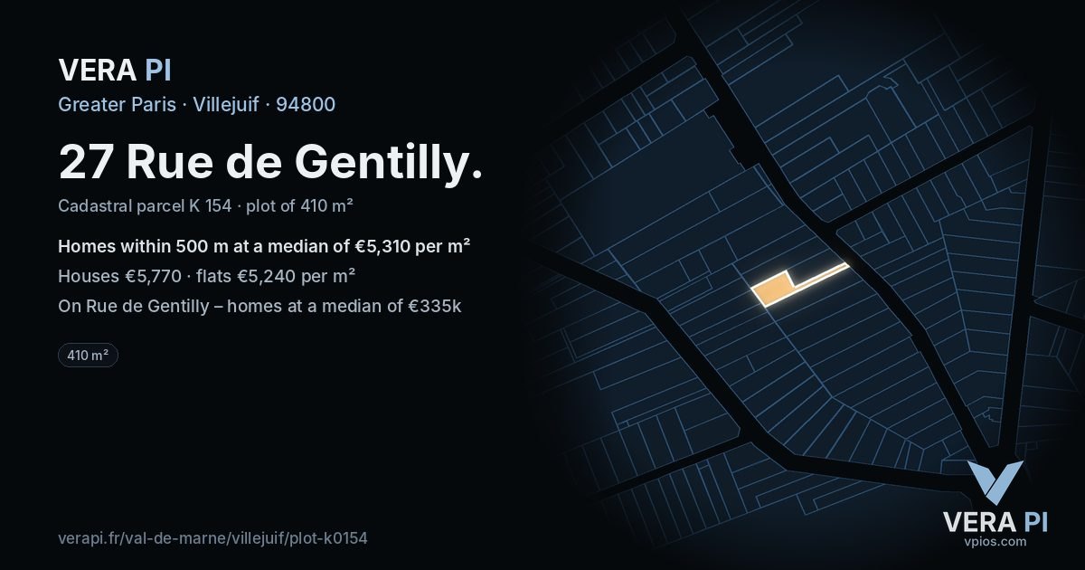 27 Rue de Gentilly, Villejuif at night – the plot lit, the parcels around coloured by the prices near them