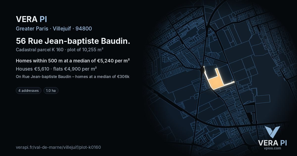 56 Rue Jean-baptiste Baudin, Villejuif at night – the plot lit, the parcels around coloured by the prices near them