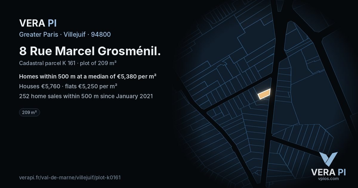8 Rue Marcel Grosménil, Villejuif at night – the plot lit, the parcels around coloured by the prices near them