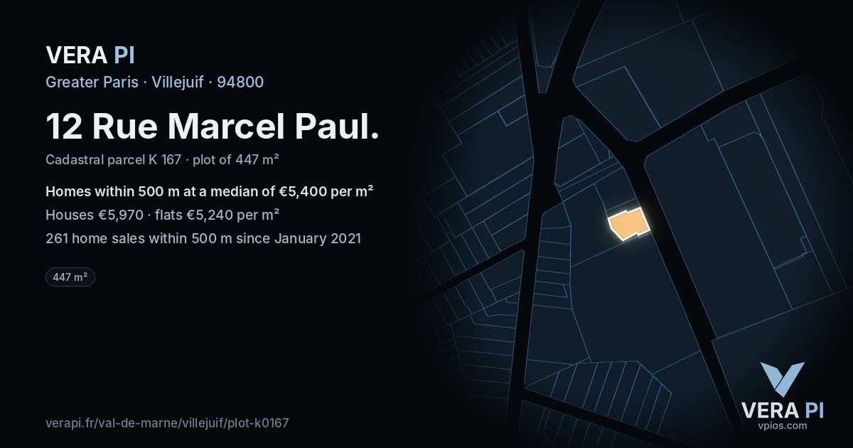 12 Rue Marcel Paul, Villejuif at night – the plot lit, the parcels around coloured by the prices near them