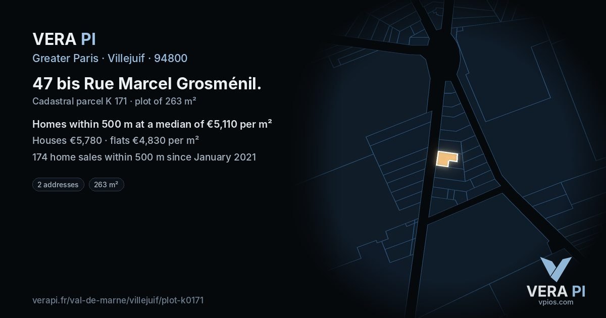 47 bis Rue Marcel Grosménil, Villejuif at night – the plot lit, the parcels around coloured by the prices near them