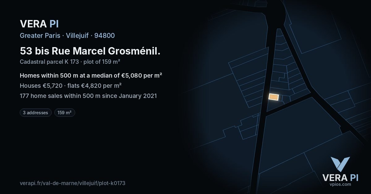 53 bis Rue Marcel Grosménil, Villejuif at night – the plot lit, the parcels around coloured by the prices near them