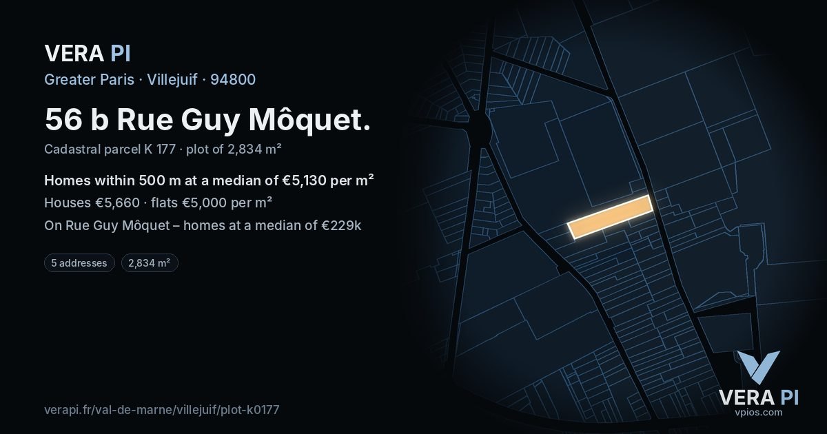 56 b Rue Guy Môquet, Villejuif at night – the plot lit, the parcels around coloured by the prices near them
