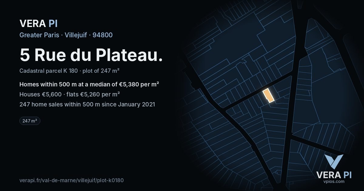 5 Rue du Plateau, Villejuif at night – the plot lit, the parcels around coloured by the prices near them