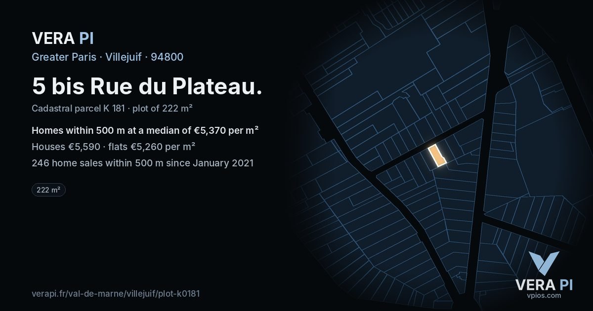 5 bis Rue du Plateau, Villejuif at night – the plot lit, the parcels around coloured by the prices near them