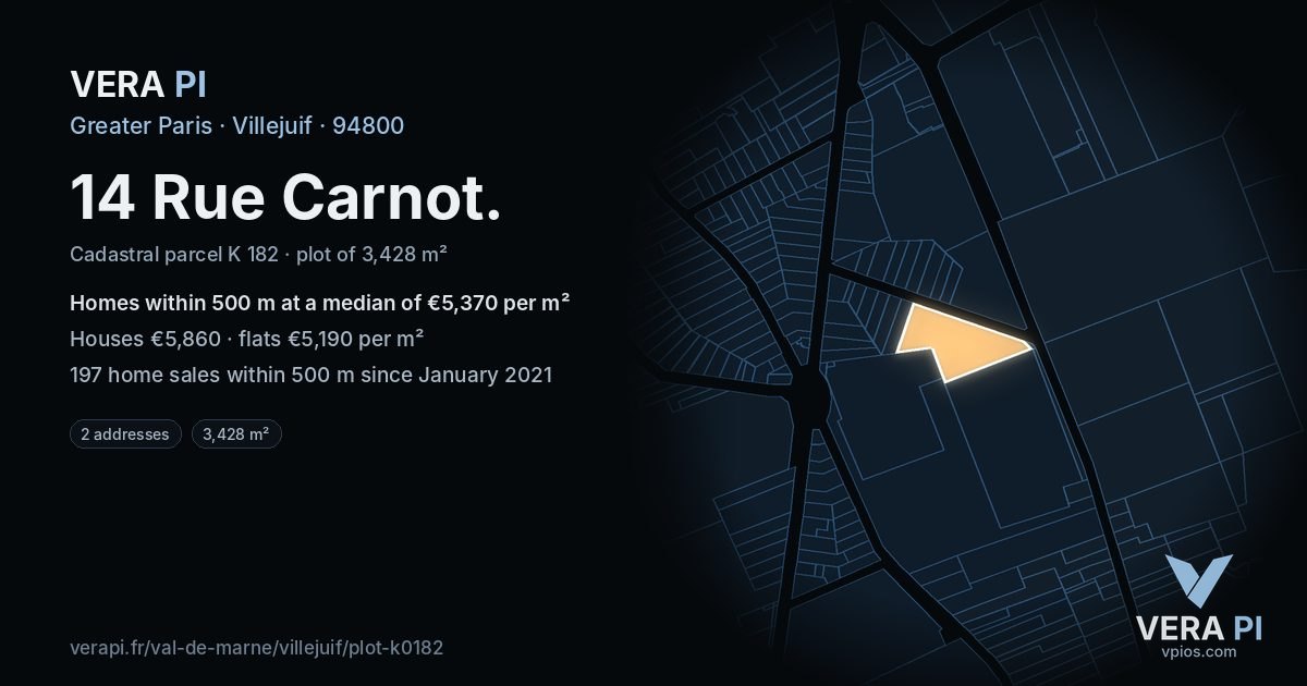 14 Rue Carnot, Villejuif at night – the plot lit, the parcels around coloured by the prices near them