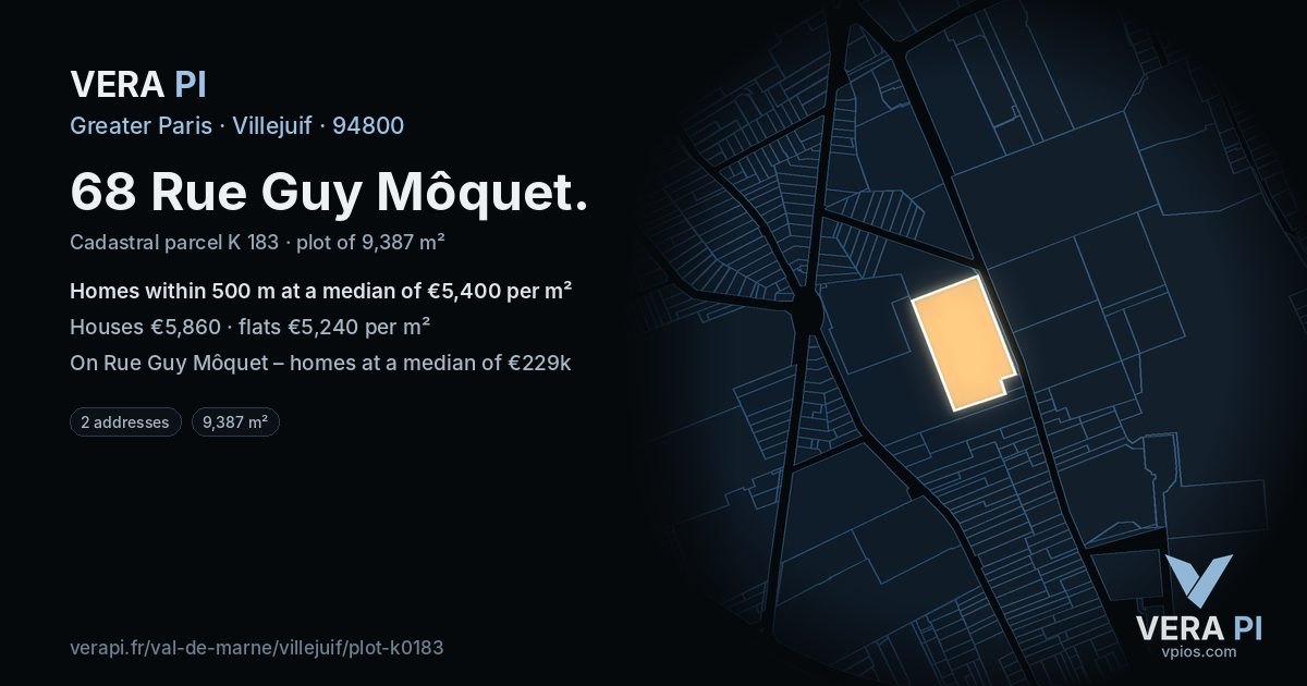 68 Rue Guy Môquet, Villejuif at night – the plot lit, the parcels around coloured by the prices near them