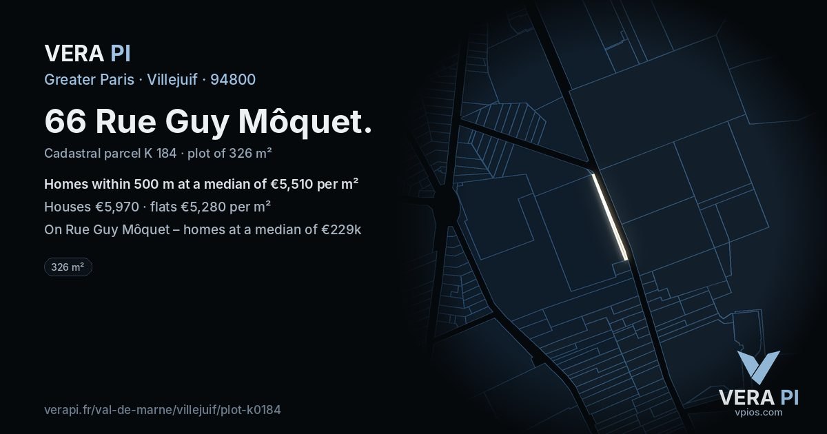 66 Rue Guy Môquet, Villejuif at night – the plot lit, the parcels around coloured by the prices near them
