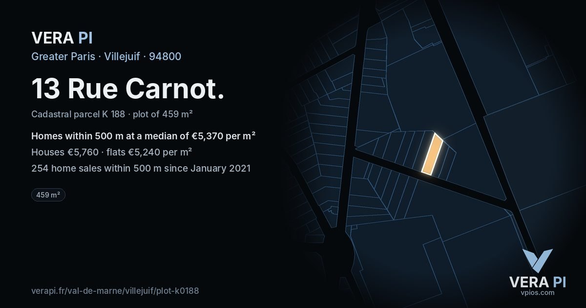 13 Rue Carnot, Villejuif at night – the plot lit, the parcels around coloured by the prices near them