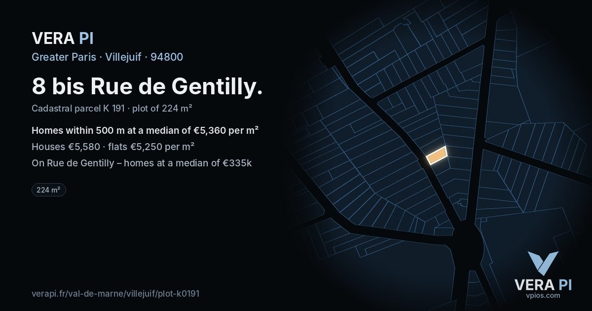 8 bis Rue de Gentilly, Villejuif at night – the plot lit, the parcels around coloured by the prices near them