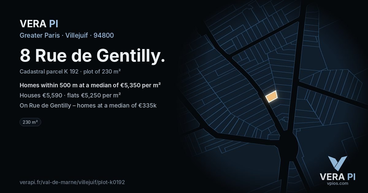 8 Rue de Gentilly, Villejuif at night – the plot lit, the parcels around coloured by the prices near them