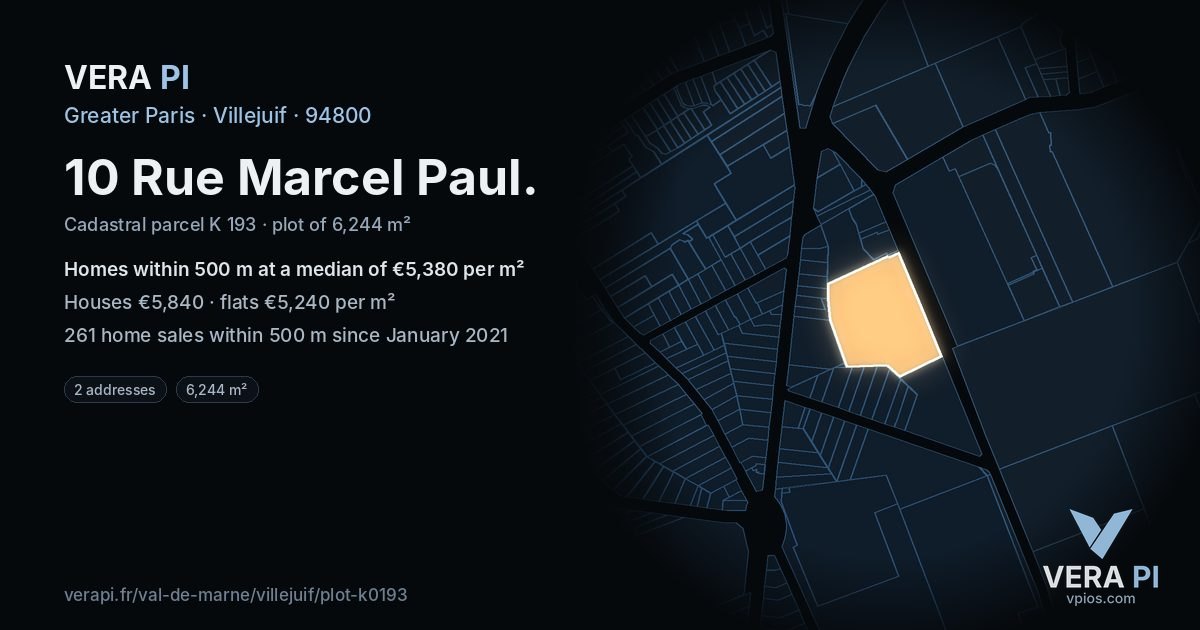 10 Rue Marcel Paul, Villejuif at night – the plot lit, the parcels around coloured by the prices near them