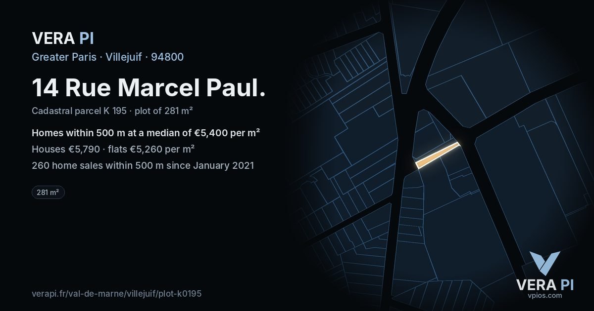 14 Rue Marcel Paul, Villejuif at night – the plot lit, the parcels around coloured by the prices near them