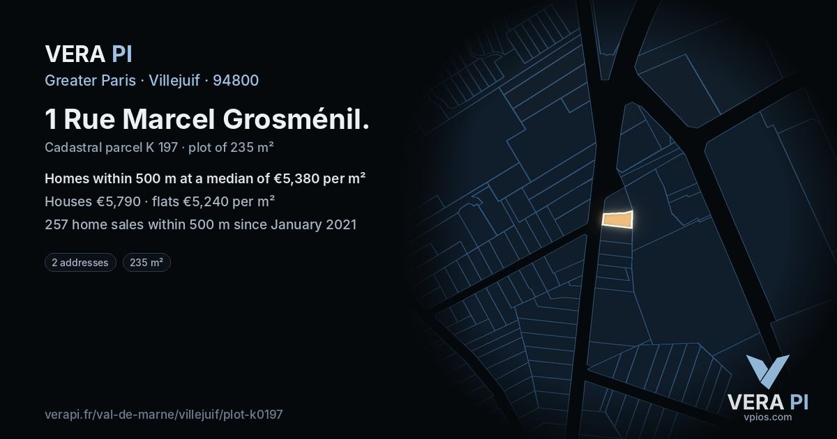 1 Rue Marcel Grosménil, Villejuif at night – the plot lit, the parcels around coloured by the prices near them