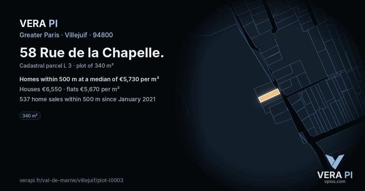 58 Rue de la Chapelle, Villejuif at night – the plot lit, the parcels around coloured by the prices near them