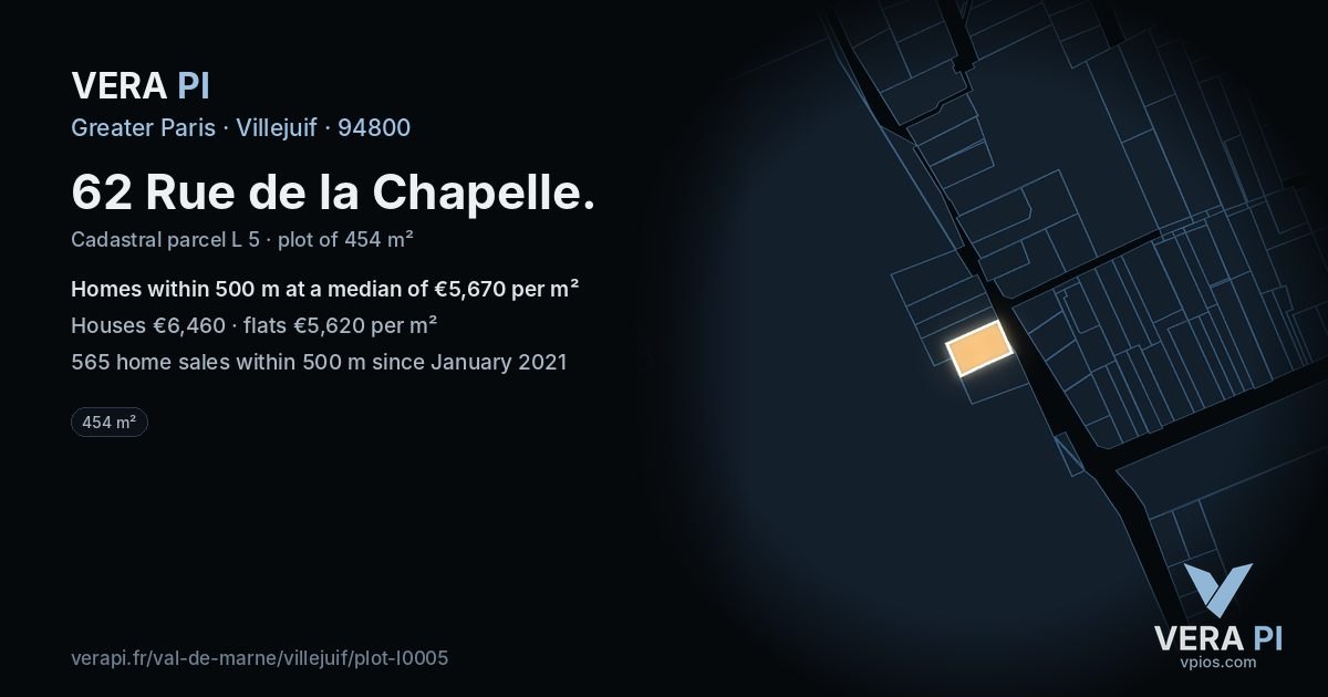 62 Rue de la Chapelle, Villejuif at night – the plot lit, the parcels around coloured by the prices near them