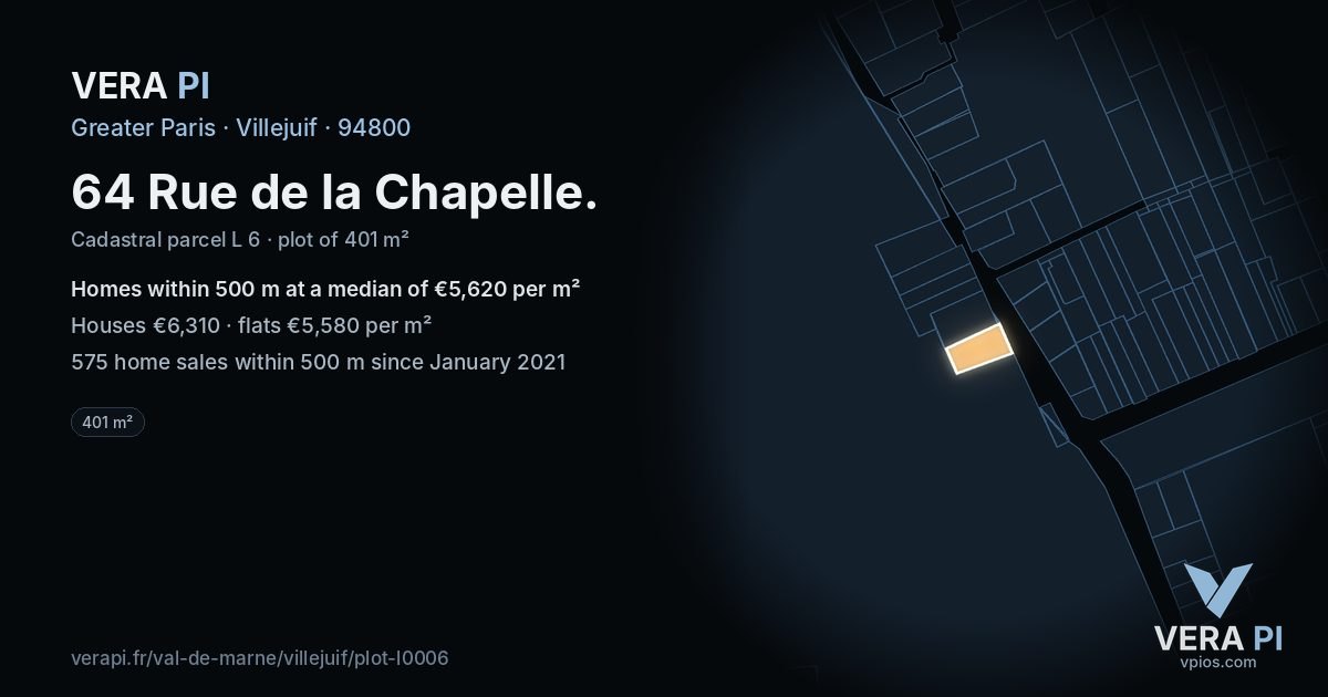 64 Rue de la Chapelle, Villejuif at night – the plot lit, the parcels around coloured by the prices near them