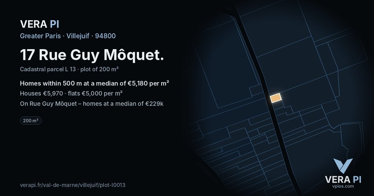 17 Rue Guy Môquet, Villejuif at night – the plot lit, the parcels around coloured by the prices near them