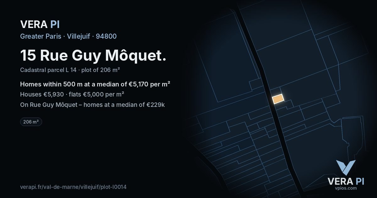 15 Rue Guy Môquet, Villejuif at night – the plot lit, the parcels around coloured by the prices near them