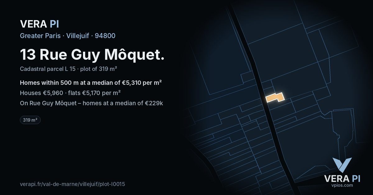 13 Rue Guy Môquet, Villejuif at night – the plot lit, the parcels around coloured by the prices near them