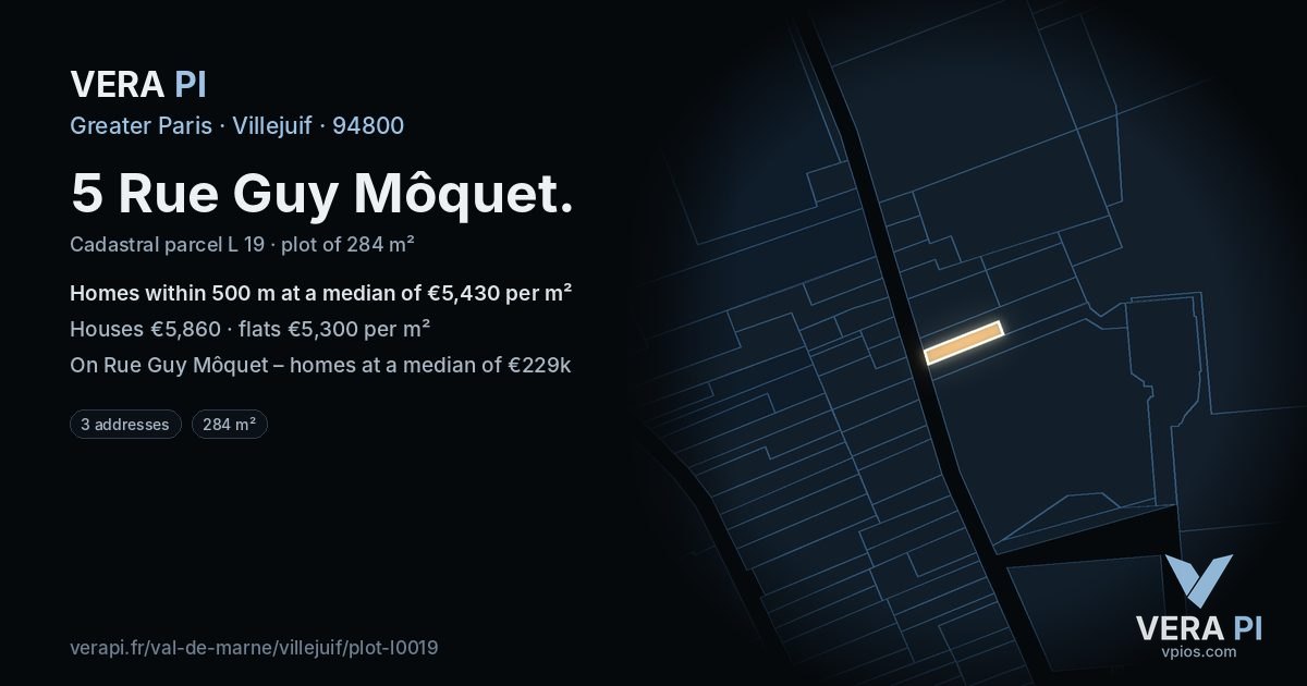 5 Rue Guy Môquet, Villejuif at night – the plot lit, the parcels around coloured by the prices near them
