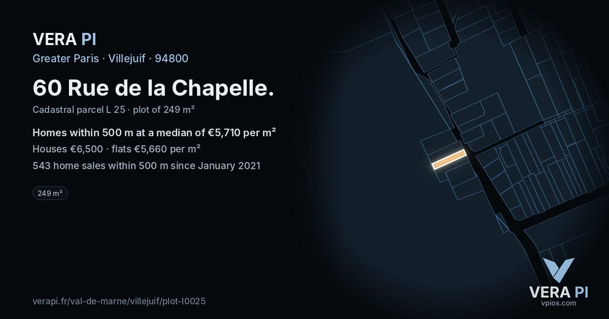 60 Rue de la Chapelle, Villejuif at night – the plot lit, the parcels around coloured by the prices near them