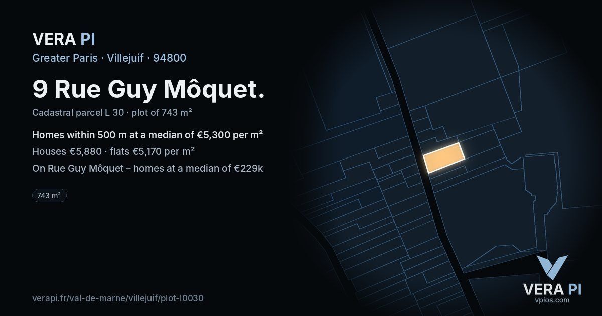 9 Rue Guy Môquet, Villejuif at night – the plot lit, the parcels around coloured by the prices near them
