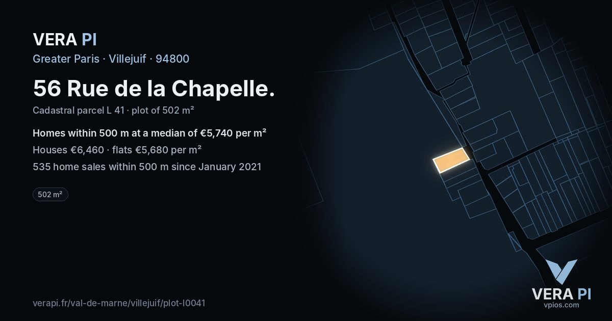 56 Rue de la Chapelle, Villejuif at night – the plot lit, the parcels around coloured by the prices near them