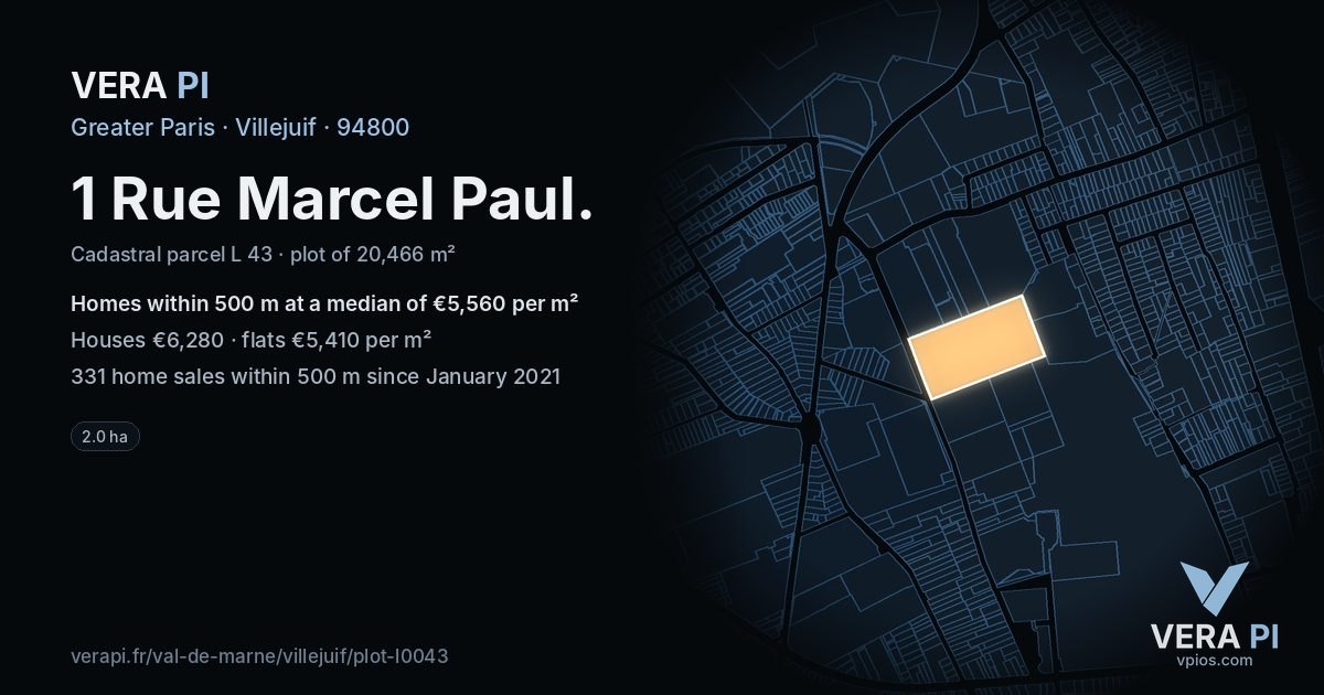 1 Rue Marcel Paul, Villejuif at night – the plot lit, the parcels around coloured by the prices near them