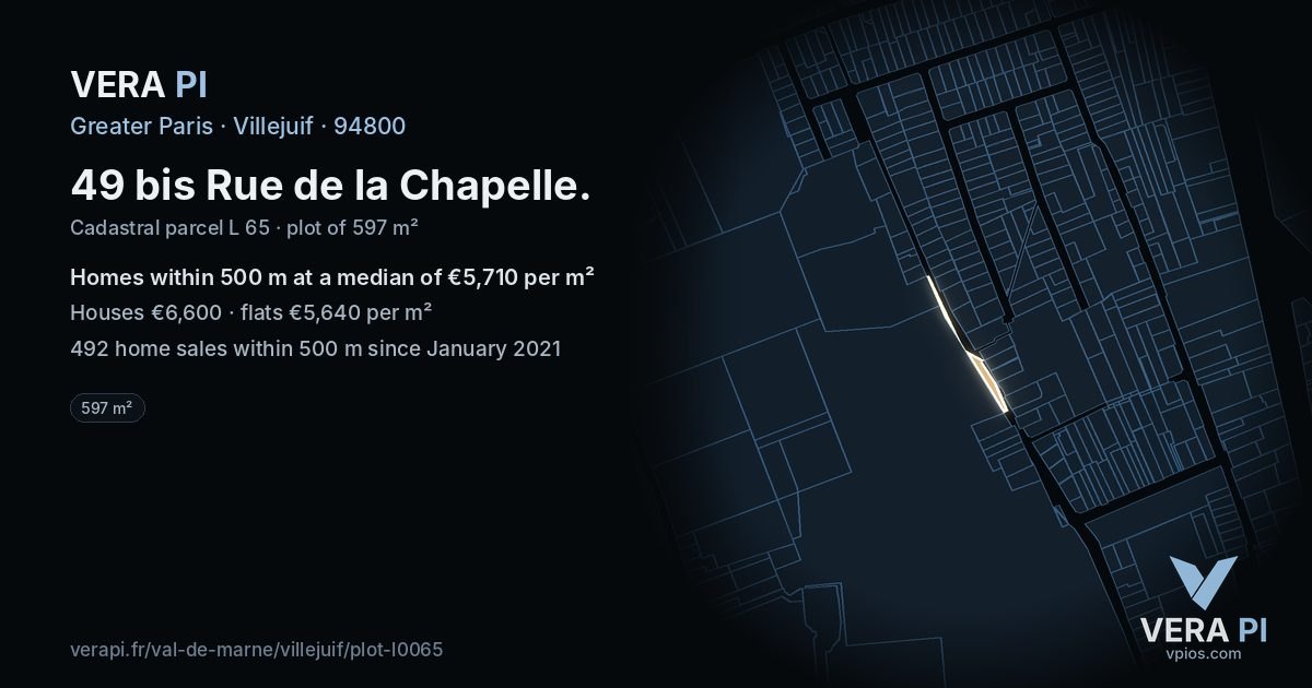 49 bis Rue de la Chapelle, Villejuif at night – the plot lit, the parcels around coloured by the prices near them