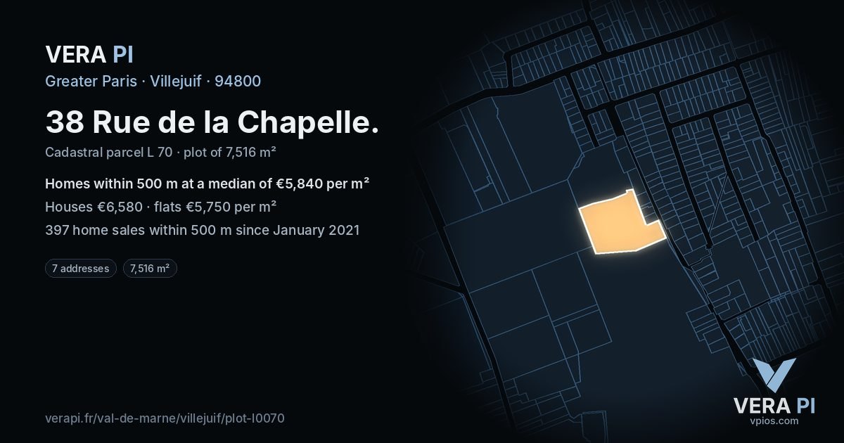 38 Rue de la Chapelle, Villejuif at night – the plot lit, the parcels around coloured by the prices near them