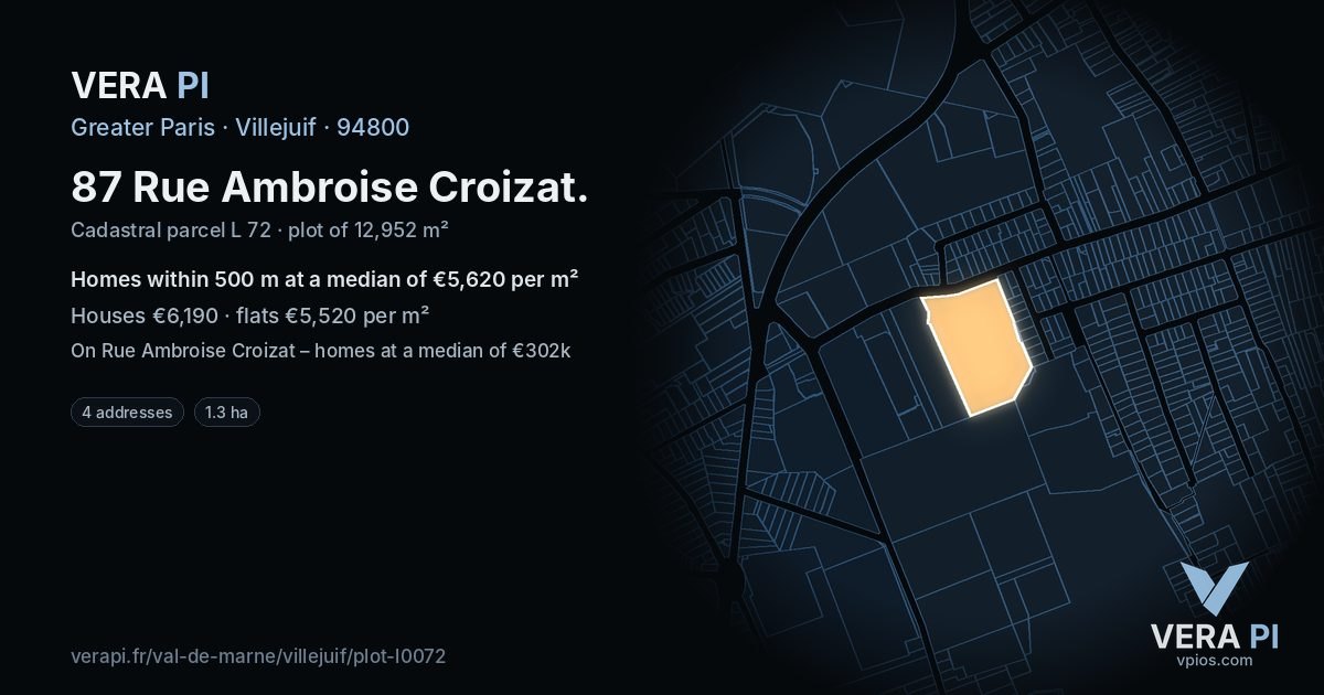 87 Rue Ambroise Croizat, Villejuif at night – the plot lit, the parcels around coloured by the prices near them
