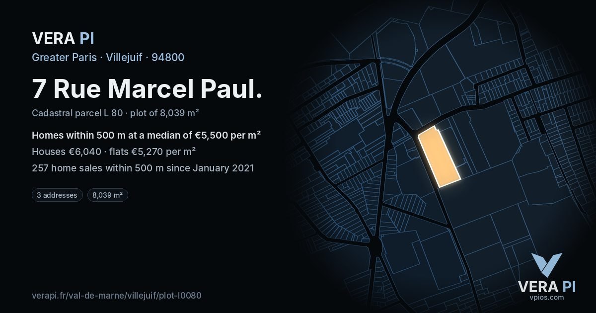 7 Rue Marcel Paul, Villejuif at night – the plot lit, the parcels around coloured by the prices near them
