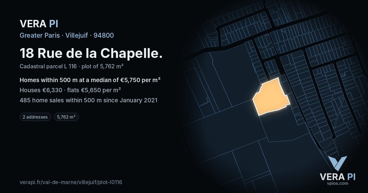 18 Rue de la Chapelle, Villejuif at night – the plot lit, the parcels around coloured by the prices near them
