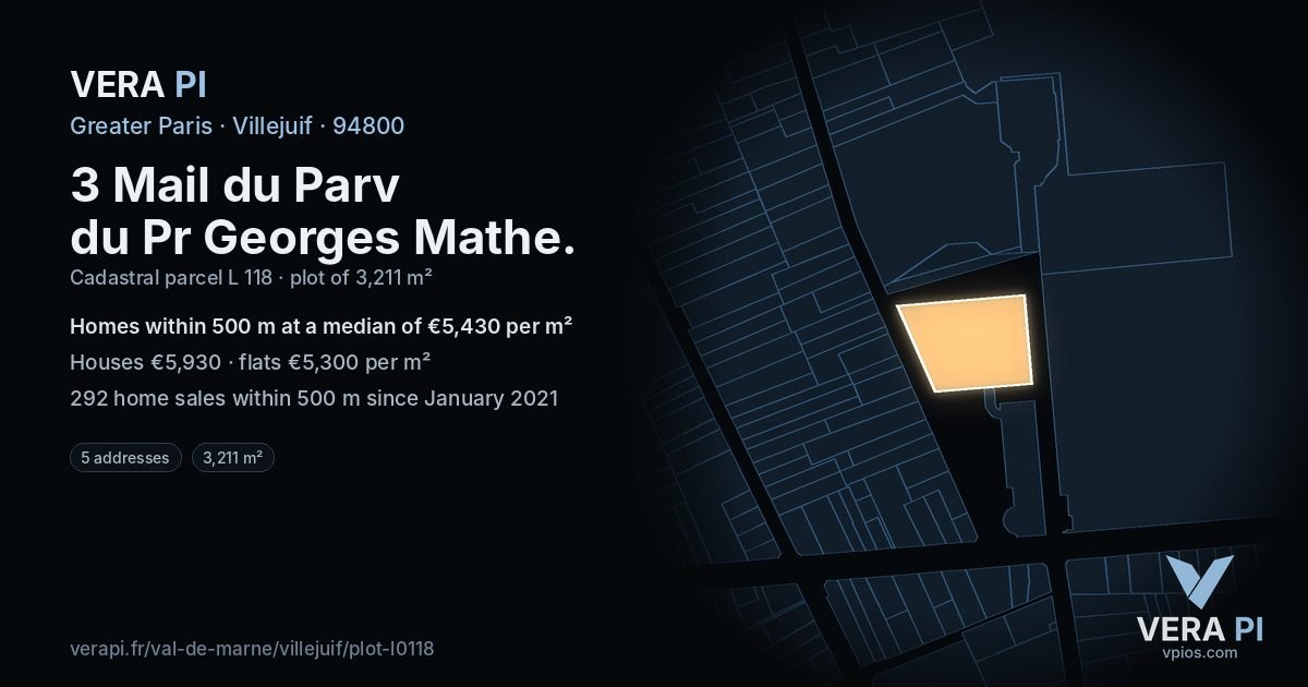 3 Mail du Parv du Pr Georges Mathe, Villejuif at night – the plot lit, the parcels around coloured by the prices near them