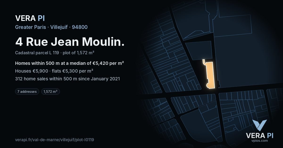 4 Rue Jean Moulin, Villejuif at night – the plot lit, the parcels around coloured by the prices near them