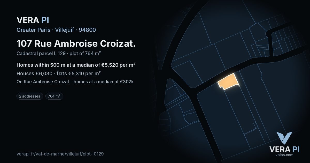 107 Rue Ambroise Croizat, Villejuif at night – the plot lit, the parcels around coloured by the prices near them