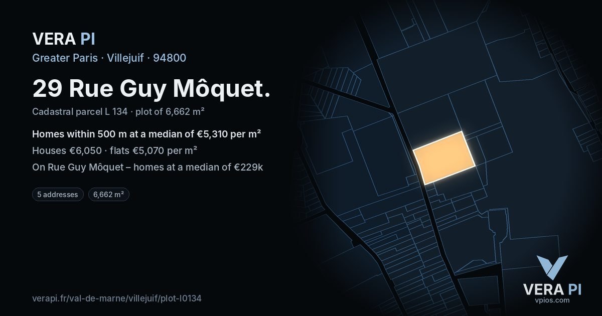 29 Rue Guy Môquet, Villejuif at night – the plot lit, the parcels around coloured by the prices near them