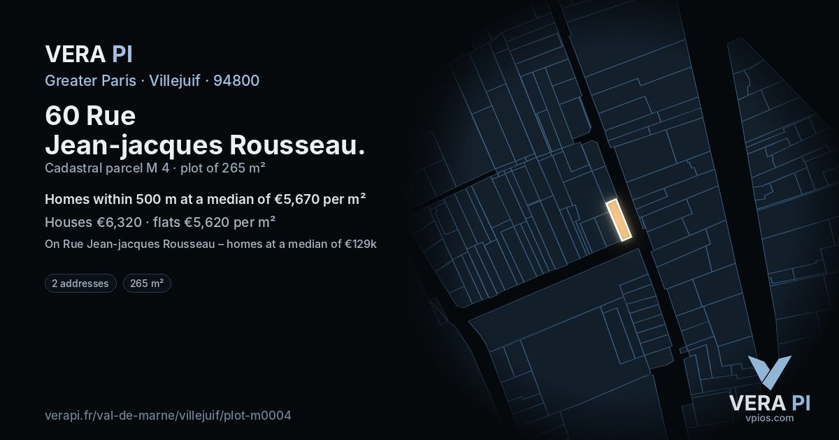 60 Rue Jean-jacques Rousseau, Villejuif at night – the plot lit, the parcels around coloured by the prices near them