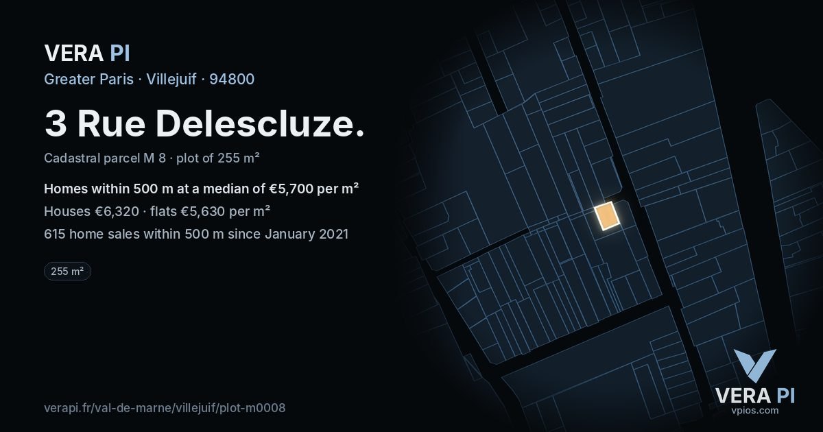 3 Rue Delescluze, Villejuif at night – the plot lit, the parcels around coloured by the prices near them