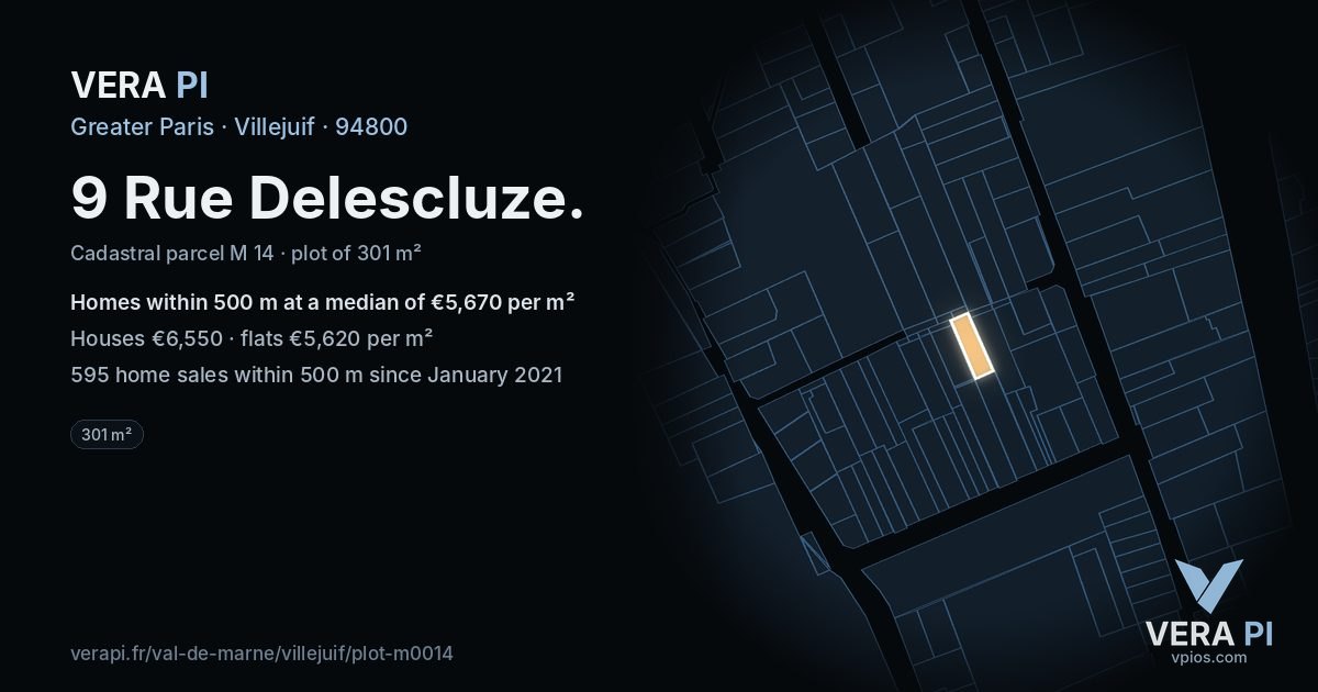 9 Rue Delescluze, Villejuif at night – the plot lit, the parcels around coloured by the prices near them