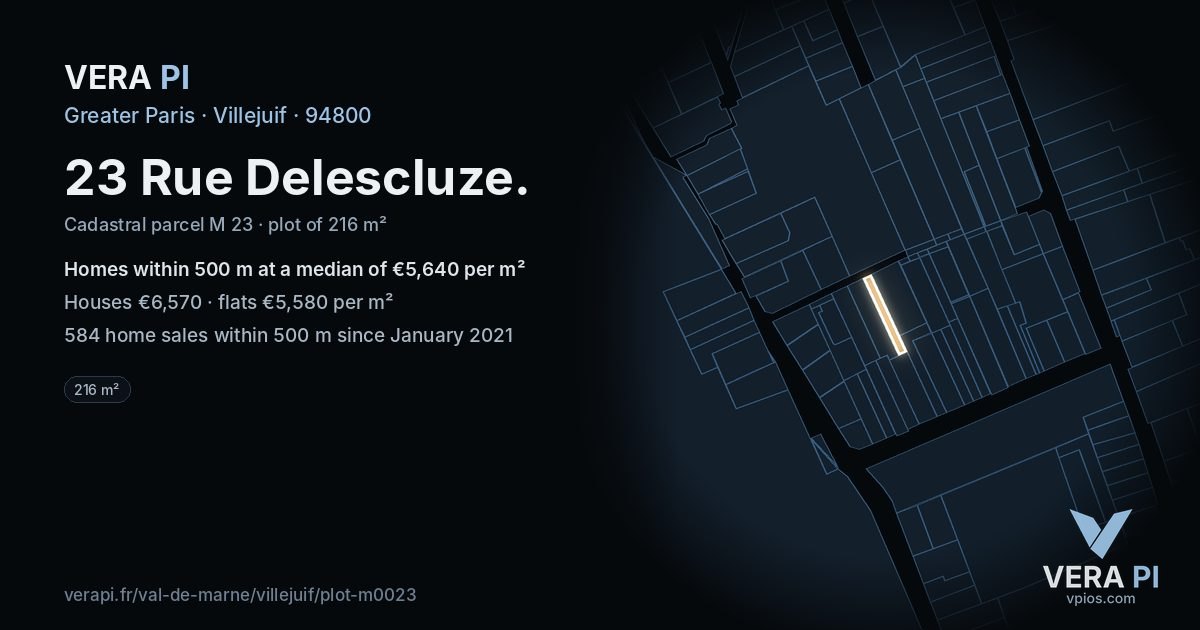 23 Rue Delescluze, Villejuif at night – the plot lit, the parcels around coloured by the prices near them