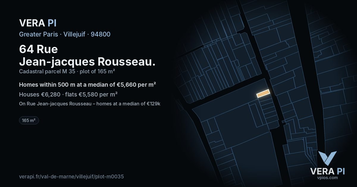 64 Rue Jean-jacques Rousseau, Villejuif at night – the plot lit, the parcels around coloured by the prices near them